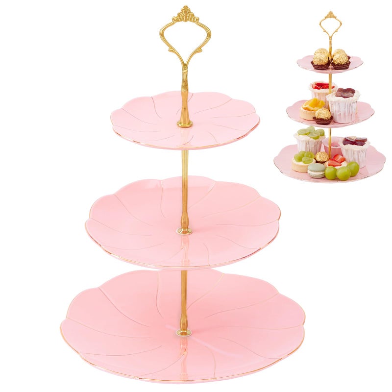 DUJUST Luxury Porcelain 3-Tier Cupcake Stand Tower, British Style Serving Tray with Golden Trim, Food Grade Dessert Display Stand, Beautiful Gift for Tea Party & Home Décor - Pink - Image 1