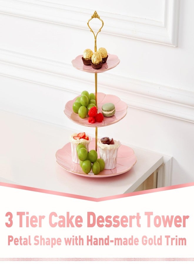 DUJUST Luxury Porcelain 3-Tier Cupcake Stand Tower, British Style Serving Tray with Golden Trim, Food Grade Dessert Display Stand, Beautiful Gift for Tea Party & Home Décor - Pink - Image 2