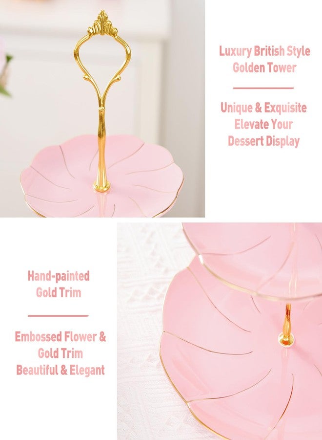 DUJUST Luxury Porcelain 3-Tier Cupcake Stand Tower, British Style Serving Tray with Golden Trim, Food Grade Dessert Display Stand, Beautiful Gift for Tea Party & Home Décor - Pink - Image 3