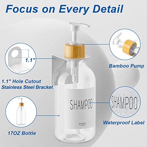 VITVITI Shampoo and Conditioner Dispenser, Body Wash Shower Soap Dispenser Wall Mounted 3 Chamber, Drill Free 17oz Plastic Shower Bottles for Bathroom, Clear 3 Sets - Image 4