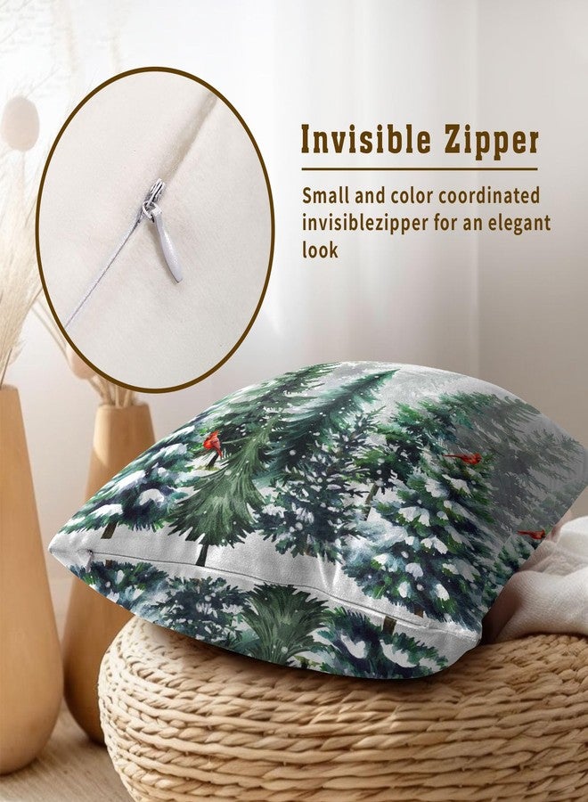 Sweetshow Winter Watercolor Snowflake Throw Pillow Covers 18X18 Inches Set of 2 Green Pine Tree Forest Red Bird Pillowcase Soft Cotton Square Cushion Covers for Home Sofa Bedroom Decoration - Image 4