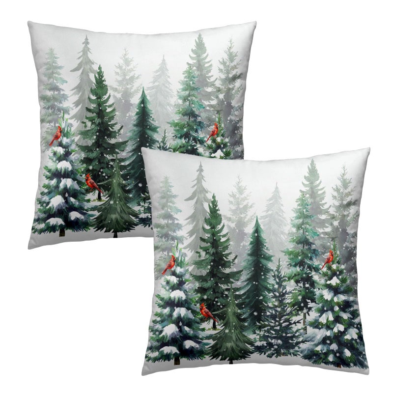 Sweetshow Winter Watercolor Snowflake Throw Pillow Covers 18X18 Inches Set of 2 Green Pine Tree Forest Red Bird Pillowcase Soft Cotton Square Cushion Covers for Home Sofa Bedroom Decoration - Image 1