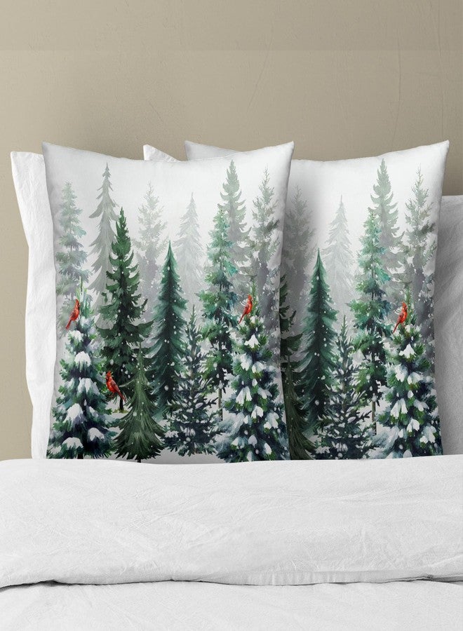Sweetshow Winter Watercolor Snowflake Throw Pillow Covers 18X18 Inches Set of 2 Green Pine Tree Forest Red Bird Pillowcase Soft Cotton Square Cushion Covers for Home Sofa Bedroom Decoration - Image 3
