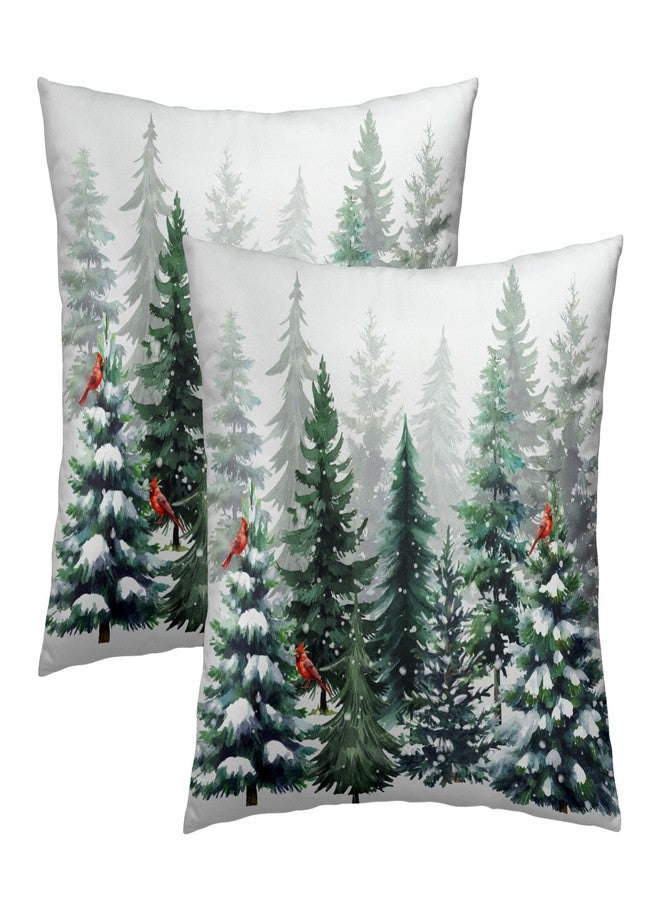 Sweetshow Winter Watercolor Snowflake Throw Pillow Covers 18X18 Inches Set of 2 Green Pine Tree Forest Red Bird Pillowcase Soft Cotton Square Cushion Covers for Home Sofa Bedroom Decoration - Image 2