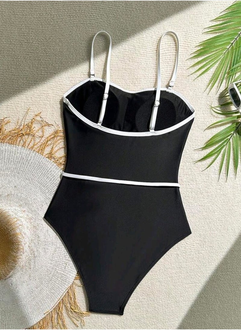 Shein - Women's European Retro Black And White Contrast Color One-Piece Swimsuit, Floral Spaghetti Strap - Image 1