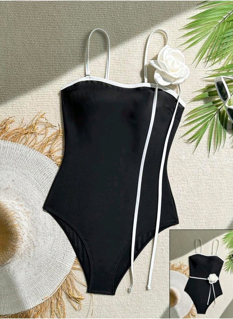 Shein - Women's European Retro Black And White Contrast Color One-Piece Swimsuit, Floral Spaghetti Strap - Image 1