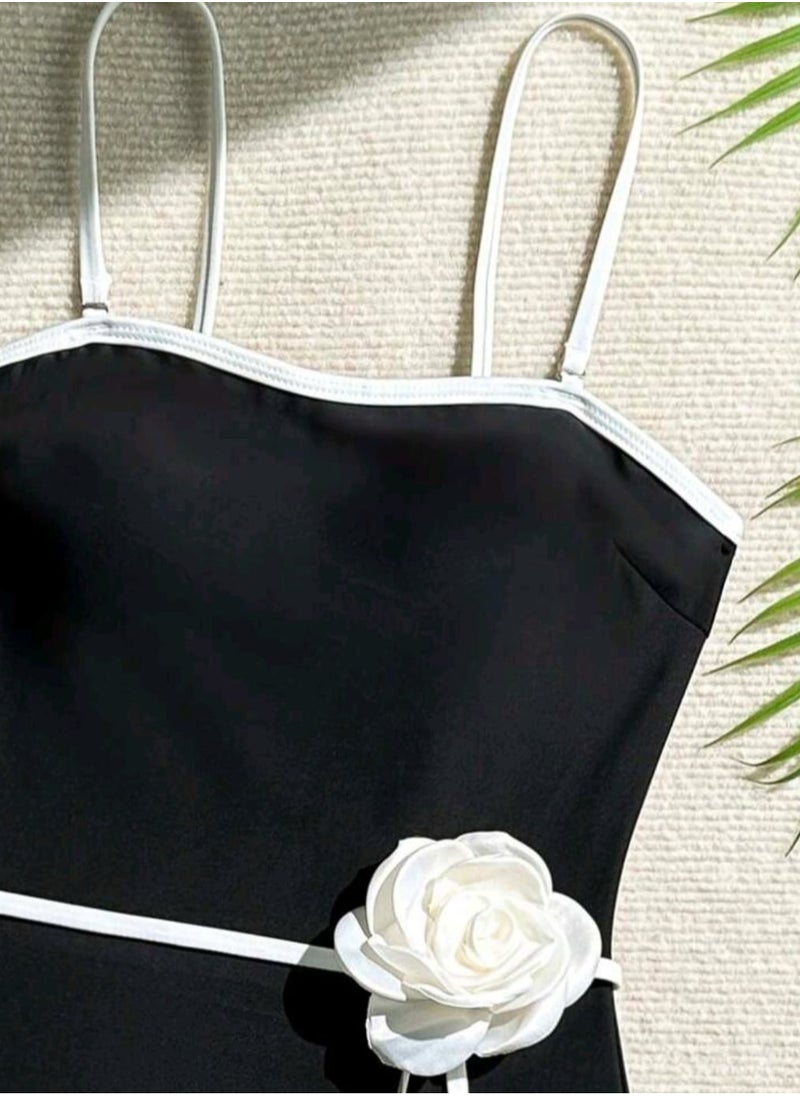 Shein - Women's European Retro Black And White Contrast Color One-Piece Swimsuit, Floral Spaghetti Strap - Image 1