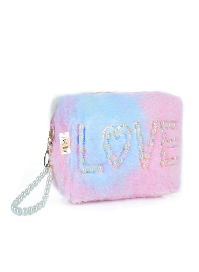 NFI essentials Fur Makeup Cosmetic Pouch Vanity Case Jewellery Pouch for Womens Stationery Pencil Case Travel Organiser Zipper Pouch Bag with Detachable Handle - Image 1