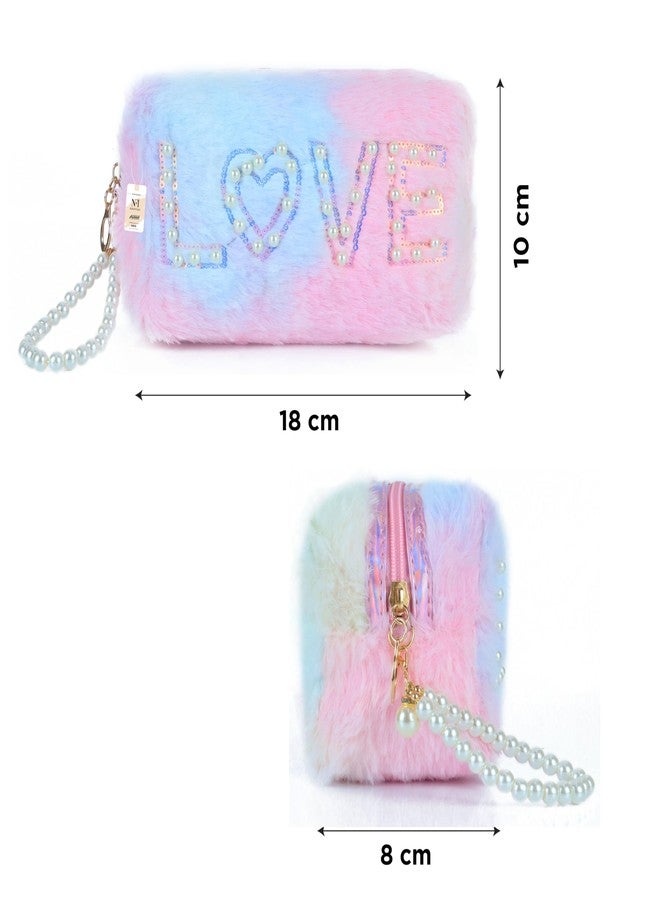 NFI essentials Fur Makeup Cosmetic Pouch Vanity Case Jewellery Pouch for Womens Stationery Pencil Case Travel Organiser Zipper Pouch Bag with Detachable Handle - Image 4
