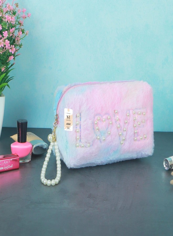 NFI essentials Fur Makeup Cosmetic Pouch Vanity Case Jewellery Pouch for Womens Stationery Pencil Case Travel Organiser Zipper Pouch Bag with Detachable Handle - Image 3