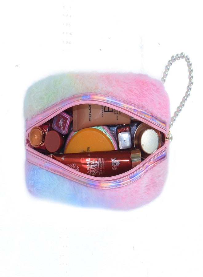 NFI essentials Fur Makeup Cosmetic Pouch Vanity Case Jewellery Pouch for Womens Stationery Pencil Case Travel Organiser Zipper Pouch Bag with Detachable Handle - Image 2