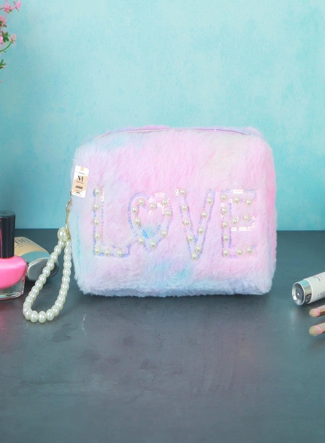 NFI essentials Fur Makeup Cosmetic Pouch Vanity Case Jewellery Pouch for Womens Stationery Pencil Case Travel Organiser Zipper Pouch Bag with Detachable Handle - Image 5