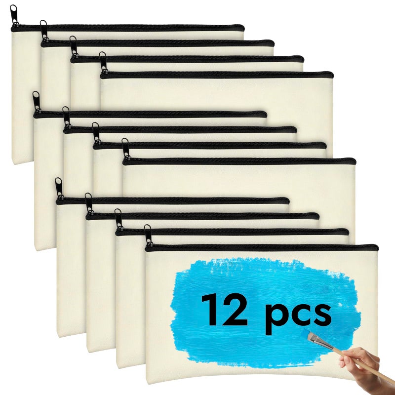 PEASUG Canvas Pencil Pouch, 12 Pack Blank Canvas Zipper Pouch Makeup Bag Bulk, Canva Pouch Cosmetic Bags with Zipper Sublimation Pencil Case Blanks for DIY Craft, Travel, Organized - Image 1