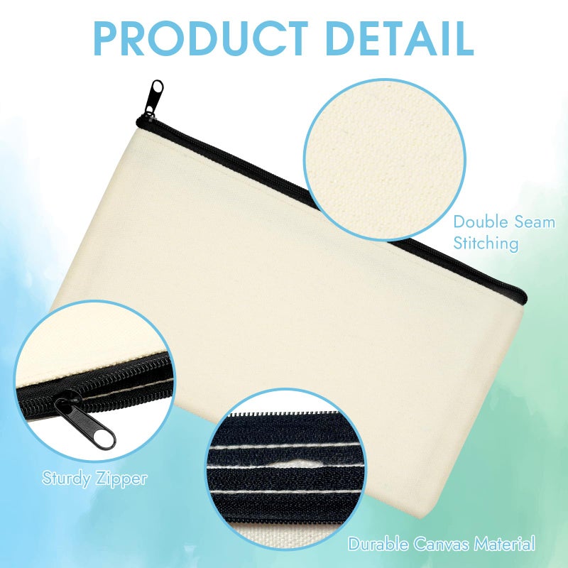 PEASUG Canvas Pencil Pouch, 12 Pack Blank Canvas Zipper Pouch Makeup Bag Bulk, Canva Pouch Cosmetic Bags with Zipper Sublimation Pencil Case Blanks for DIY Craft, Travel, Organized - Image 3