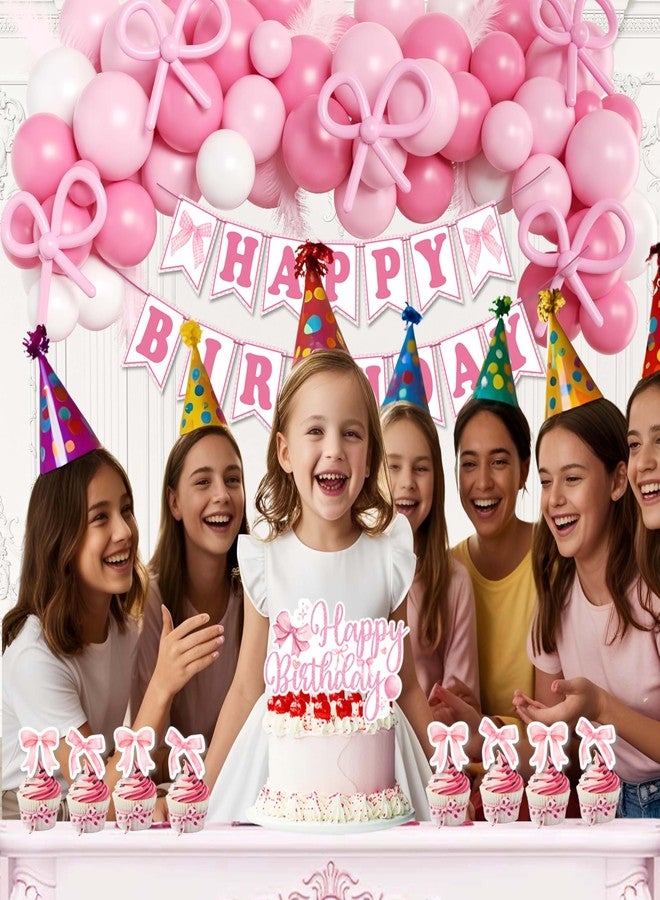 jenlion زينة عيد ميلاد وردية اللون للبنات والسيدات، زينة عيد ميلاد أنيقة، ستارة مزينة بشراشيب، بالونات فويل، زينة كعكة، ديكور حفلة بطابع فيونكات للبنات - Image 4