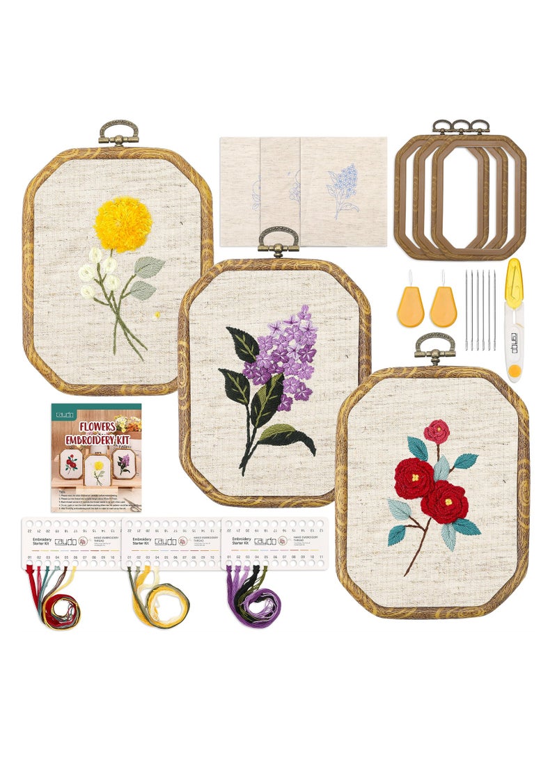 SYOSI Embroidery Starter Kit with Flower Patterns, Including Embroidery Cloth, Imitated Wood Hoops, Threads, Scissors, and Instructions for Adults and Beginners  - Image 1