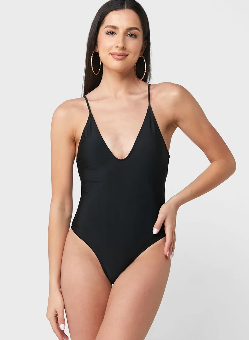 ELLA Solid Swimsuit With Tie Back Detail