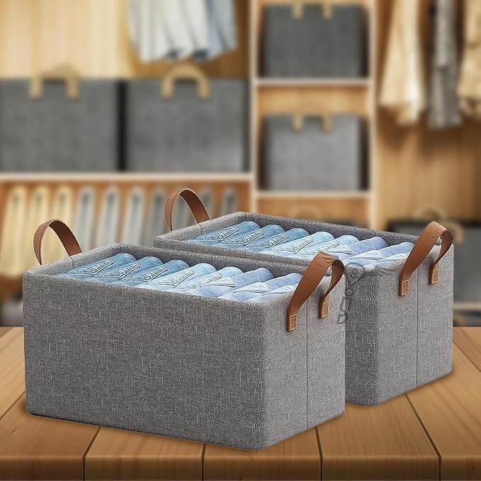 shoasite Wardrobe Organizer for Clothes with Metal Frame Rectangle Storage Baskets for Clothing Fabric Storage Box with Handles Shelf Basket for Storage Clothes Pants Jeans Sweater - Image 2