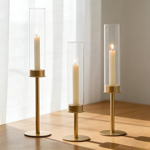 Hewory Gold Candle Holders 3Pcs Brass Candle Stick Candelabra with Glass Candle Cover for Wedding Table Centerpiece Christmas Decor - Image 1