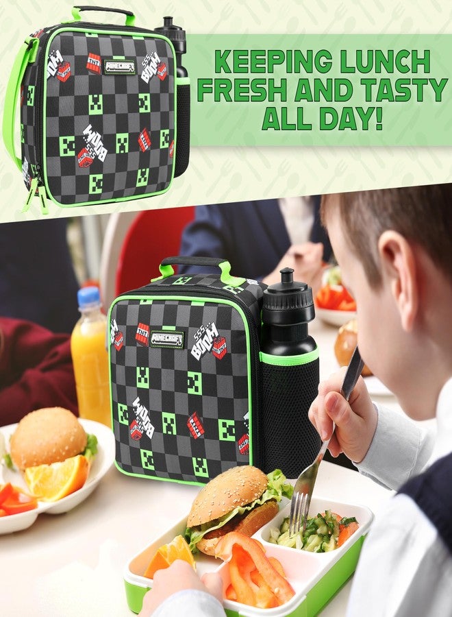 MINECRAFT حقيبة غداء معزولة ماينكرافت للأطفال - صندوق غداء كريبر للأولاد - مستلزمات مدرسية - حاملة طعام - وجبات خفيفة - نزهات - أيام الشاطئ - سفر - هدايا للاعبين للأطفال (أسود/أخضر) - Image 3