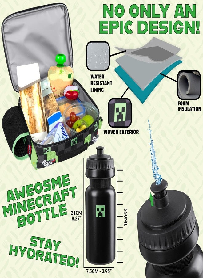 MINECRAFT حقيبة غداء معزولة ماينكرافت للأطفال - صندوق غداء كريبر للأولاد - مستلزمات مدرسية - حاملة طعام - وجبات خفيفة - نزهات - أيام الشاطئ - سفر - هدايا للاعبين للأطفال (أسود/أخضر) - Image 4