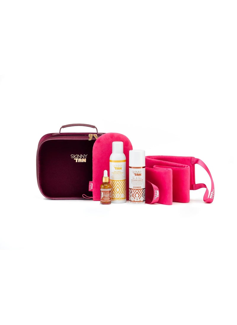Skinny Tan Wonder Tanning Collection Set by Skinny Tan for Women - 5 Pc Gift Set: 5oz Wonder Serum, 1oz Face Tanning Drops, 6.7oz Dry Mist Finishing Spray, Back Applicator, Dual Tanning Mitt 