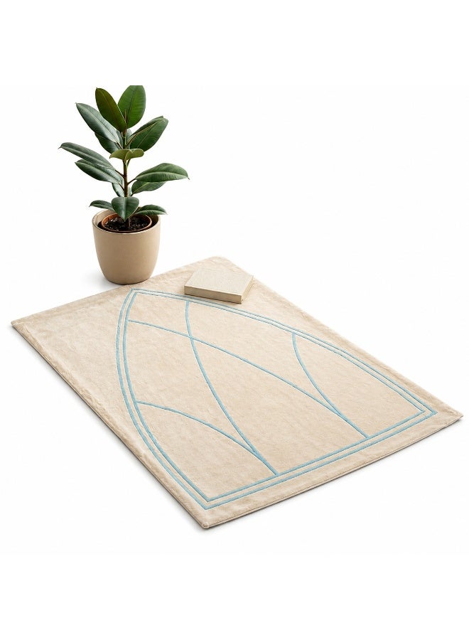 Blue Embroidery Natural  Linen Prayer Mat – Dakakeen Al Khair Premium Linen With Blue Embroidery, Thick Padded Prayer Rug & Set for Home, Mosque & Travel - Image 1