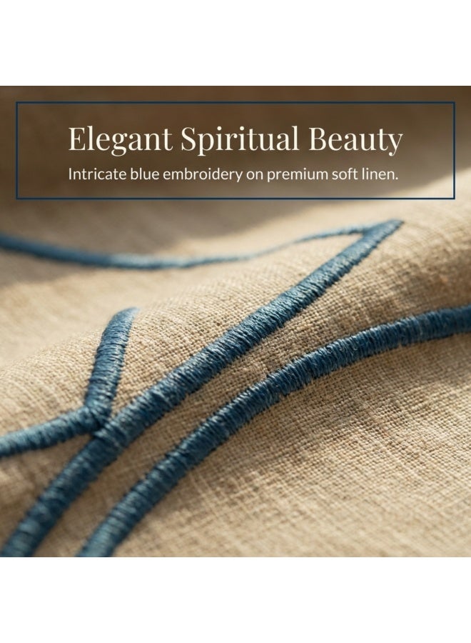 Blue Embroidery Natural  Linen Prayer Mat – Dakakeen Al Khair Premium Linen With Blue Embroidery, Thick Padded Prayer Rug & Set for Home, Mosque & Travel - Image 3