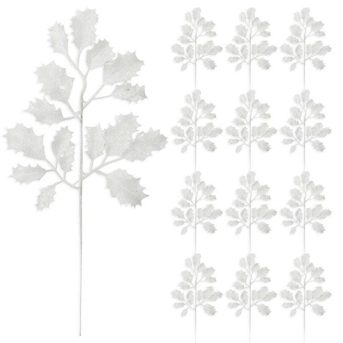 12 PCS CHRISTMAS GLITTER LEAVES 33CM GLITTER LEAF ARTIFICIAL HOLLY LEAVES SHINY ARTIFICIAL PLANT LEAVES SPARKLING ARTIFICIAL HOLLY LEAF PICKS FOR CHRISTMAS TREE WREATH GARLAND HOME DECORATION WHITE