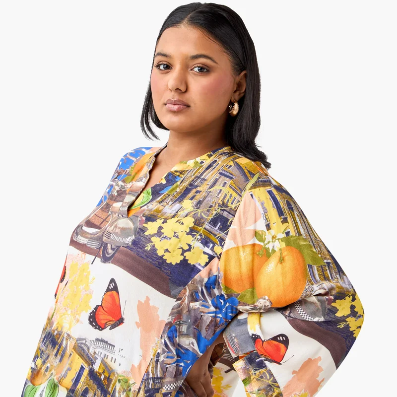 Ulla Popken Plus Size Ulla Popken Graphic Print Top with Mandarin Neck and 3/4 Sleeves