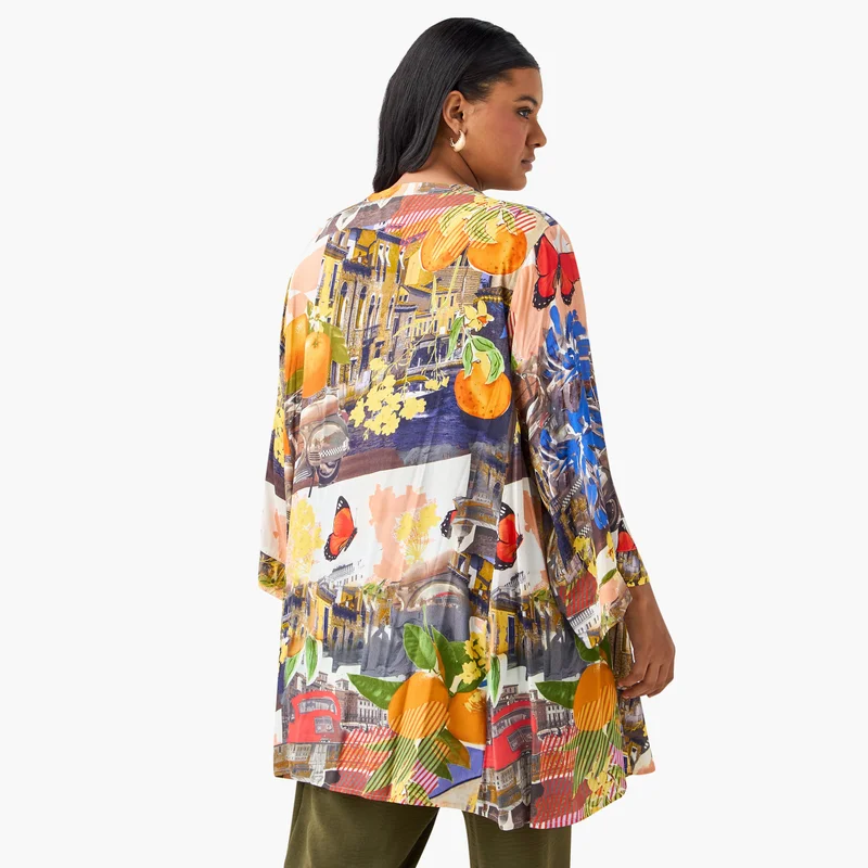 Ulla Popken Plus Size Ulla Popken Graphic Print Top with Mandarin Neck and 3/4 Sleeves
