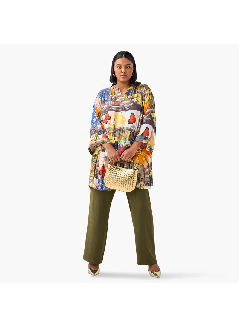 Ulla Popken Plus Size Ulla Popken Graphic Print Top with Mandarin Neck and 3/4 Sleeves
