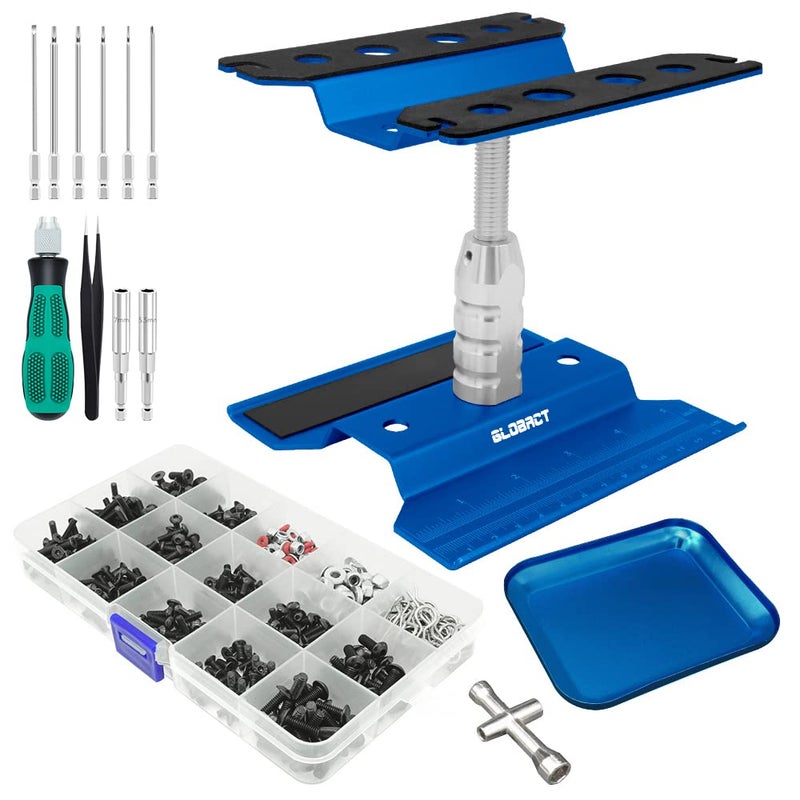 GLOBACT RC Car Repair Work Stand Repair Tool Set 360 Degree Rotation and 521 PCS RC Screws Kit and RC Screwdrivers and Screws Pallet Kit for 18 110 112 116 118 RC Car Truck Crawler Blue - Image 2