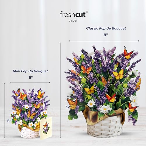 Freshcut Paper Pop Up Cards, Mini Lavender & Butterflies, 6 Inch Mini Sized Forever Flower Bouquet 3D Popup Greeting Card, Birthday Cards, Thank You Card, Teacher Gifts, Blank Notecard & Envelope - Image 5