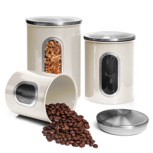 Moss & Stone 3-Piece Beige Canisters Sets For The Kitchen, Airtight Canister Set With See Through Window, Storage Jars for Coffee Container, Tea Organizer & Sugar Canister, Beige Kitchen Canisters - Image 1