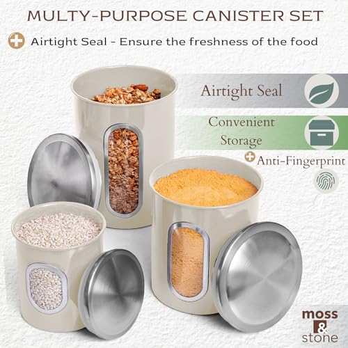 Moss & Stone 3-Piece Beige Canisters Sets For The Kitchen, Airtight Canister Set With See Through Window, Storage Jars for Coffee Container, Tea Organizer & Sugar Canister, Beige Kitchen Canisters - Image 4