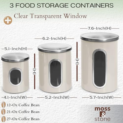 Moss & Stone 3-Piece Beige Canisters Sets For The Kitchen, Airtight Canister Set With See Through Window, Storage Jars for Coffee Container, Tea Organizer & Sugar Canister, Beige Kitchen Canisters - Image 2
