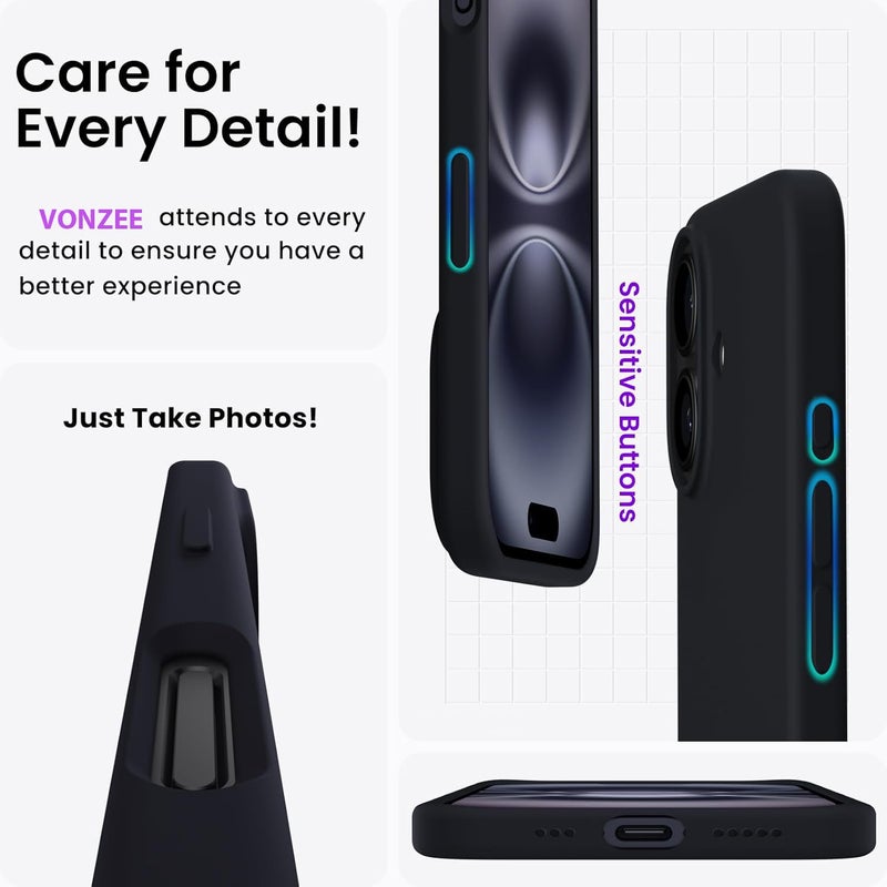 Elzzi غطاء ميكروفايبر مع شعار متوافق مع غلاف آيفون 16 من سائل السيليكون، غلاف كامل الجسم 4 طبقات واقية، غلاف خلفي مضاد للصدمات مع حواف كاميرا مرتفعة (6.1 بوصة، أسود) - Image 5