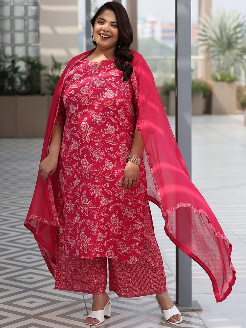 MEERA FAB Plus Size Floral Printed Pure Cotton Kurta With Palazzo & Dupatta - Image 2