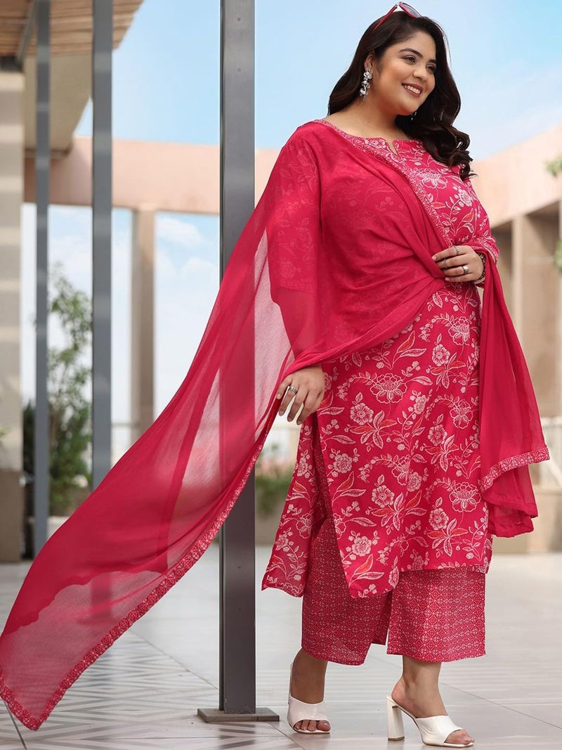 MEERA FAB Plus Size Floral Printed Pure Cotton Kurta With Palazzo & Dupatta - Image 3