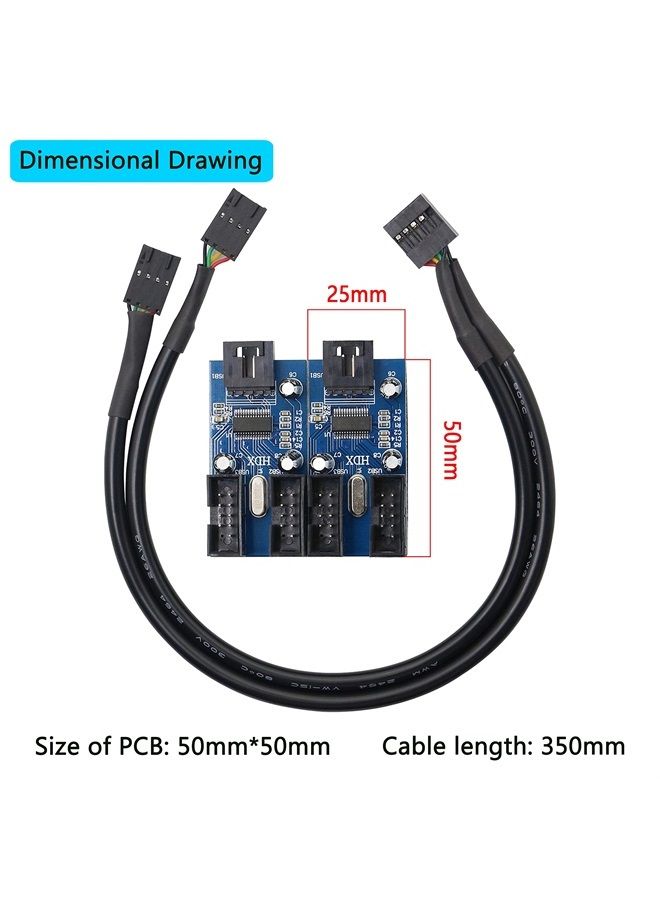 XMSJSIY Motherboard USB 9 Pin Header Hub Male 1 to 2/4 Female USB 2.0 Splitter Extension Cable, USB 9-pin Internal Cable 9 pin Connector Adapter for Port Multiplier (35cm) - Image 3