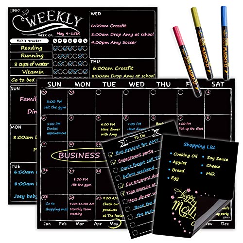 JJPRO Magnetic Chalkboard Monthly Calendar - Weekly Planner Blackboard Combo Set w/Neon Bright Liquid Chalk Markers - Bonus Grocery List and Notepad Blackboard for Refrigerator Included - Image 1