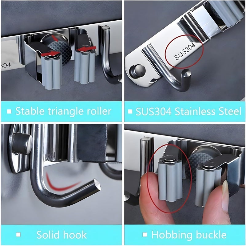 4 Pcs Stainless Steel Mop and Broom Holder Wall Mount - Image 3