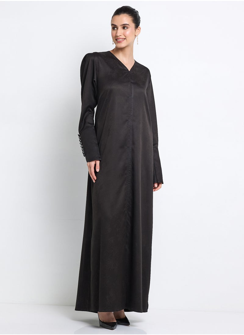 Rosette Abaya Black Abaya with  Buttoned Sleeve Design + Shella  - Image 1