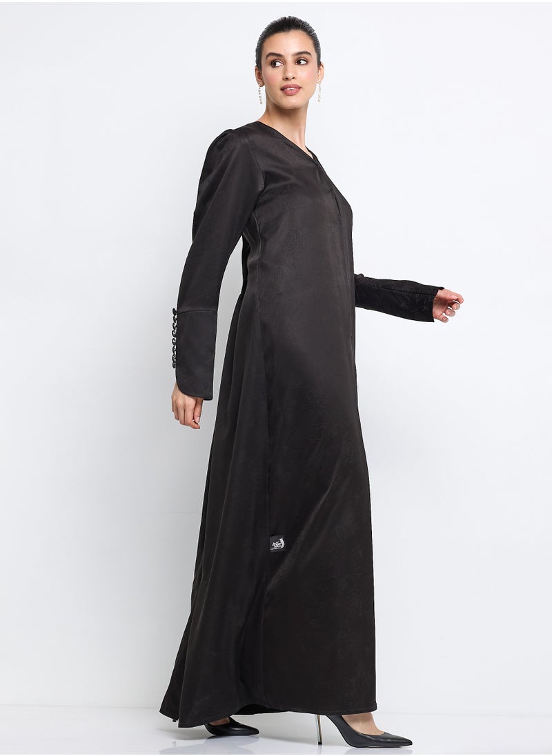Rosette Abaya Black Abaya with  Buttoned Sleeve Design + Shella  - Image 2