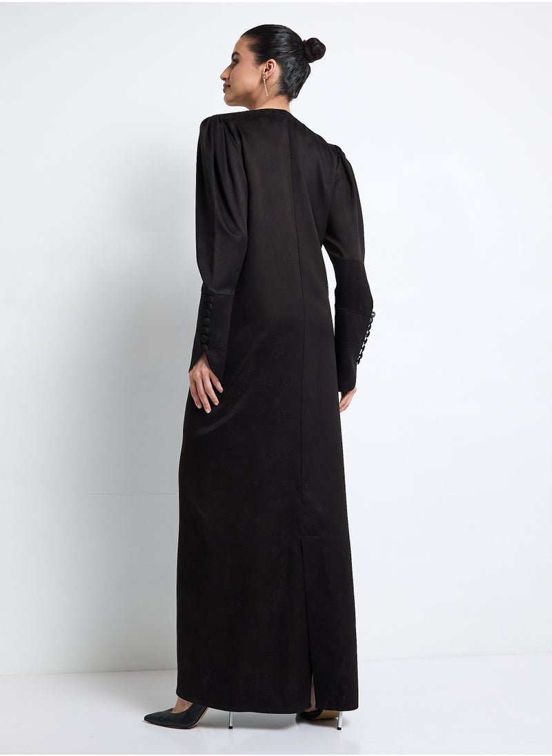 Rosette Abaya Black Abaya with  Buttoned Sleeve Design + Shella  - Image 3