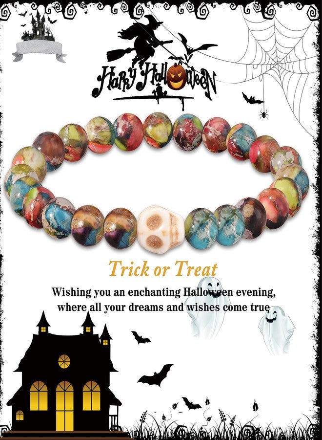 Btysun Halloween Gifts, Beaded Bracelets for Women with skull Colorful Stretch Bead Bracelet for Teens Adjustable All Saints Day Party Favors Halloween Jewelry for Women - Image 1