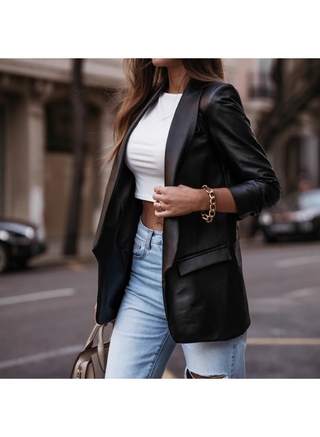 Street Style Autumn And Winter New Casual Loose Super Cool Suit Collar Leather Jacket - Image 4