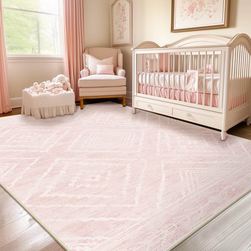 BESTSWEETIE Area Rug 6x9 Rug Machine Washable Non-Slip Low Pile Print Pattern Western Rug for Living Room Bedroom Entryway Tribal Series -Light Pink/Cream - Image 1