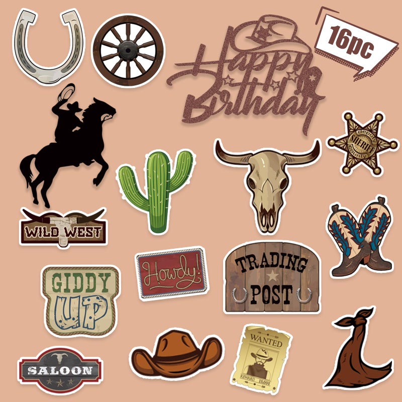 Pretyps 16 Pcs Cowboy Cake Toppers Glitter Cowboy Hat Cake Decorations Western Theme Happy Birthday Party Decoration for Boys Girls , Cowboy Birthday Sign Birthday Decor Party Decor Party Supplies - Image 5